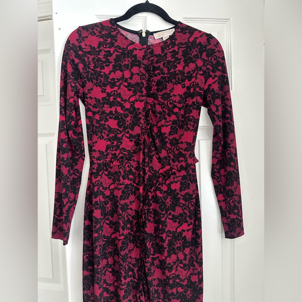 Michael Kors Long Sleeve Red and Black Floral Print Ruffled Body-con Dress